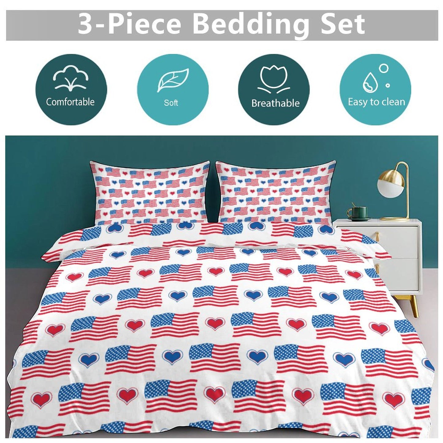 USA/American Flag Inspired Flag and Hearts Pattern 3-Piece Bedding Set (1 Duvet Cover + 2 Pillow Shams) – 102"×90"