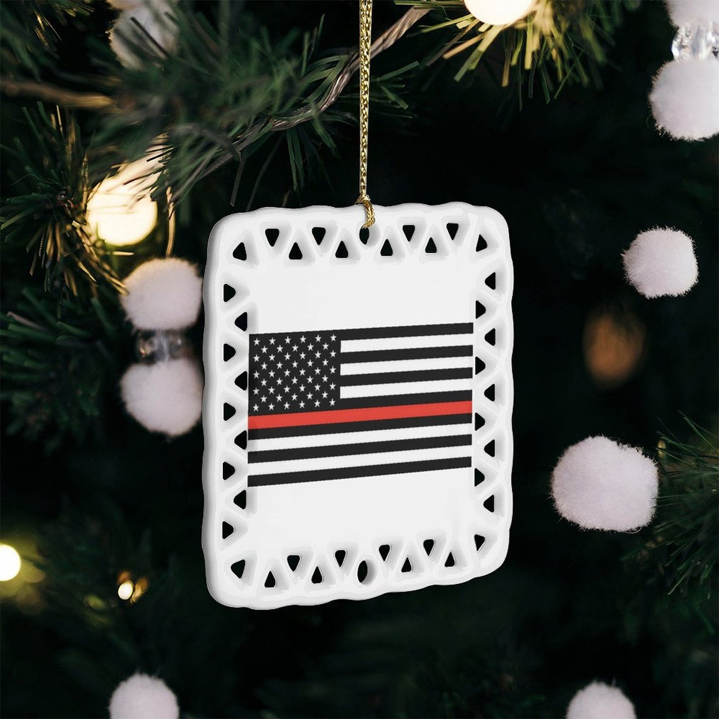 Thin Red Line Flag Inspired Square Ceramic Ornament (Made in the USA)