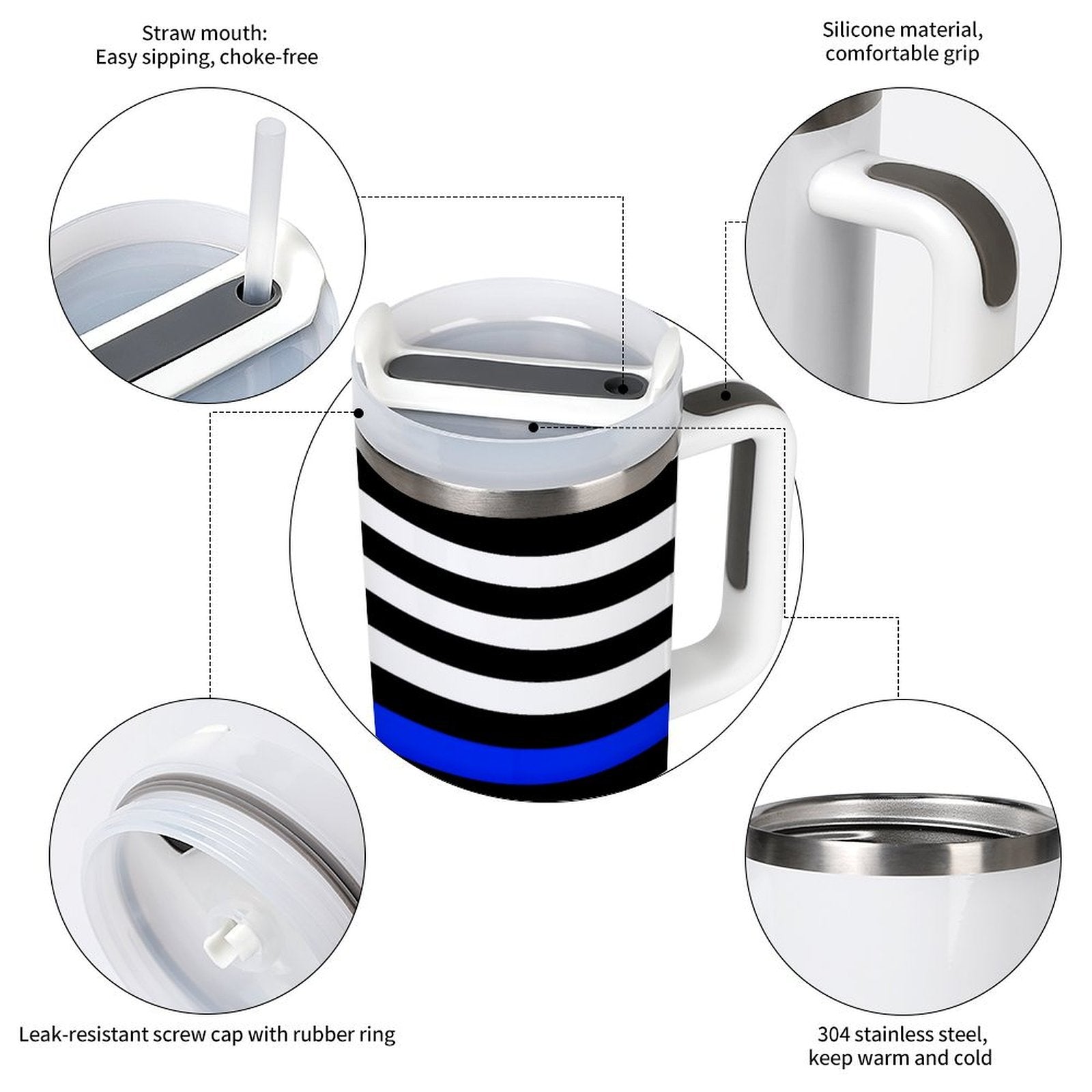 [Brand] insulated mug with straw, silicone grip, and stripes.