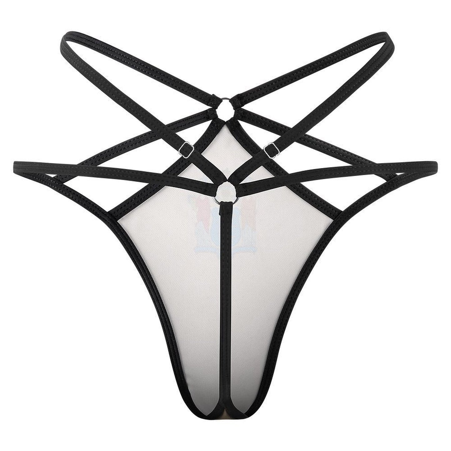 Black strappy thong with geometric design by [Brand].