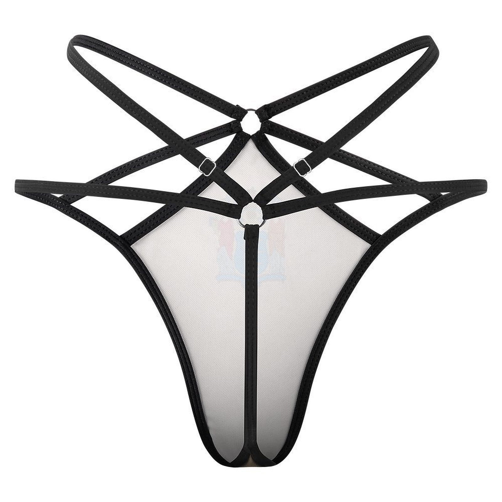Black strappy thong with geometric design by [Brand].