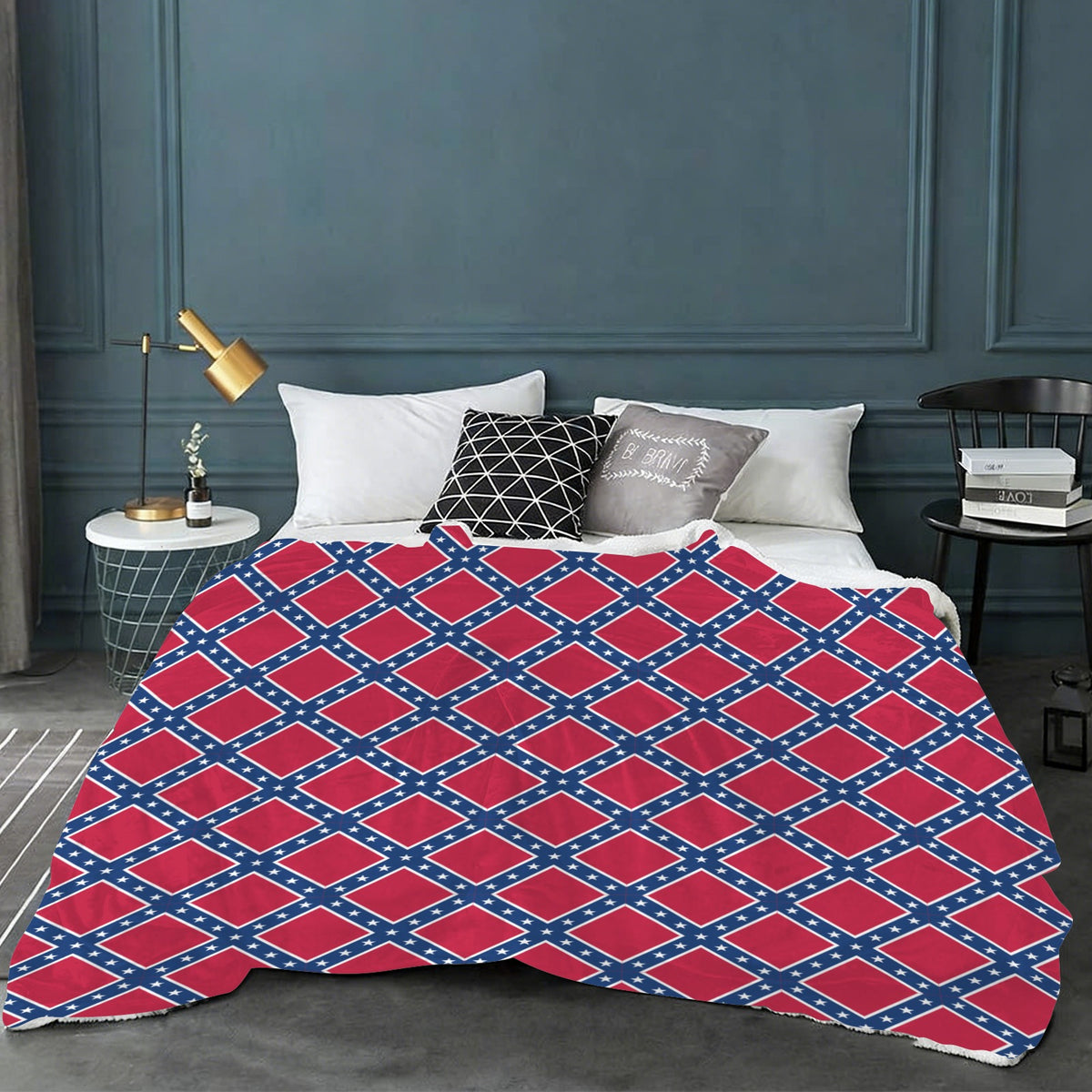 Confederate States Battle Flag Inspired Pattern Sherpa Fleece Blanket 90" x 108" | Prtinted in the USA