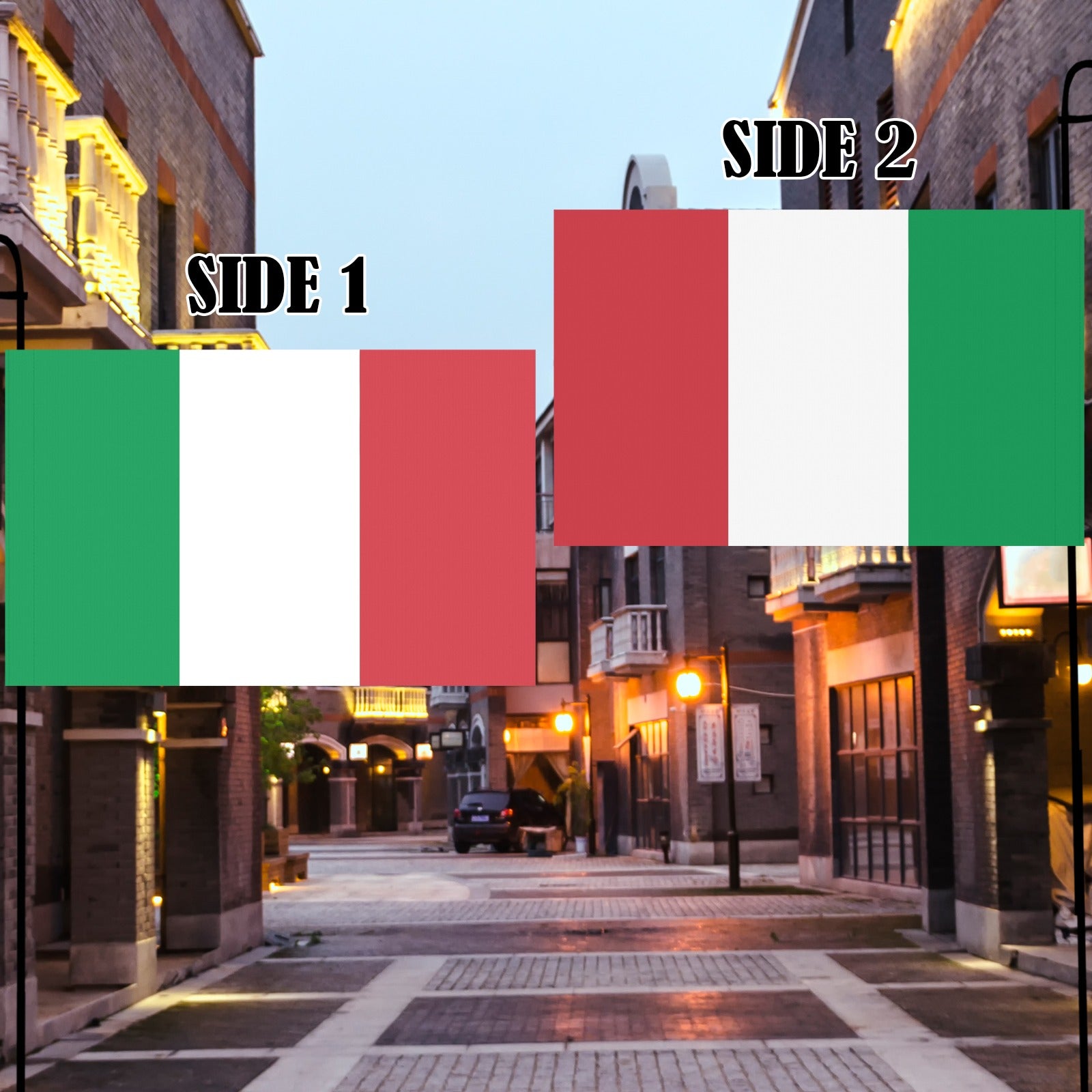 Dual-sided Italian flags displayed on a quiet street, Luv My Flag.