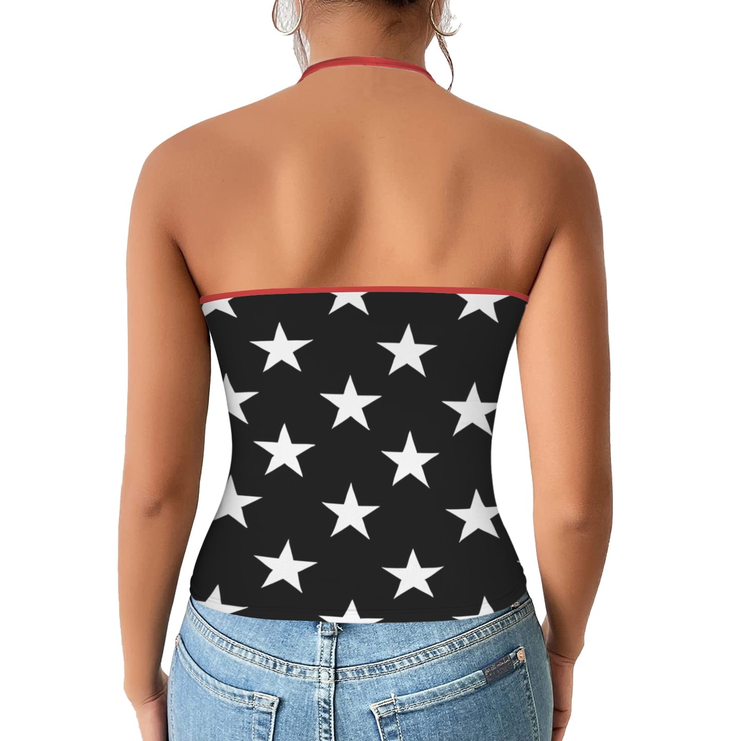 Thin Red Line Flag Inspired V-neck Halter Open Back Tank Top