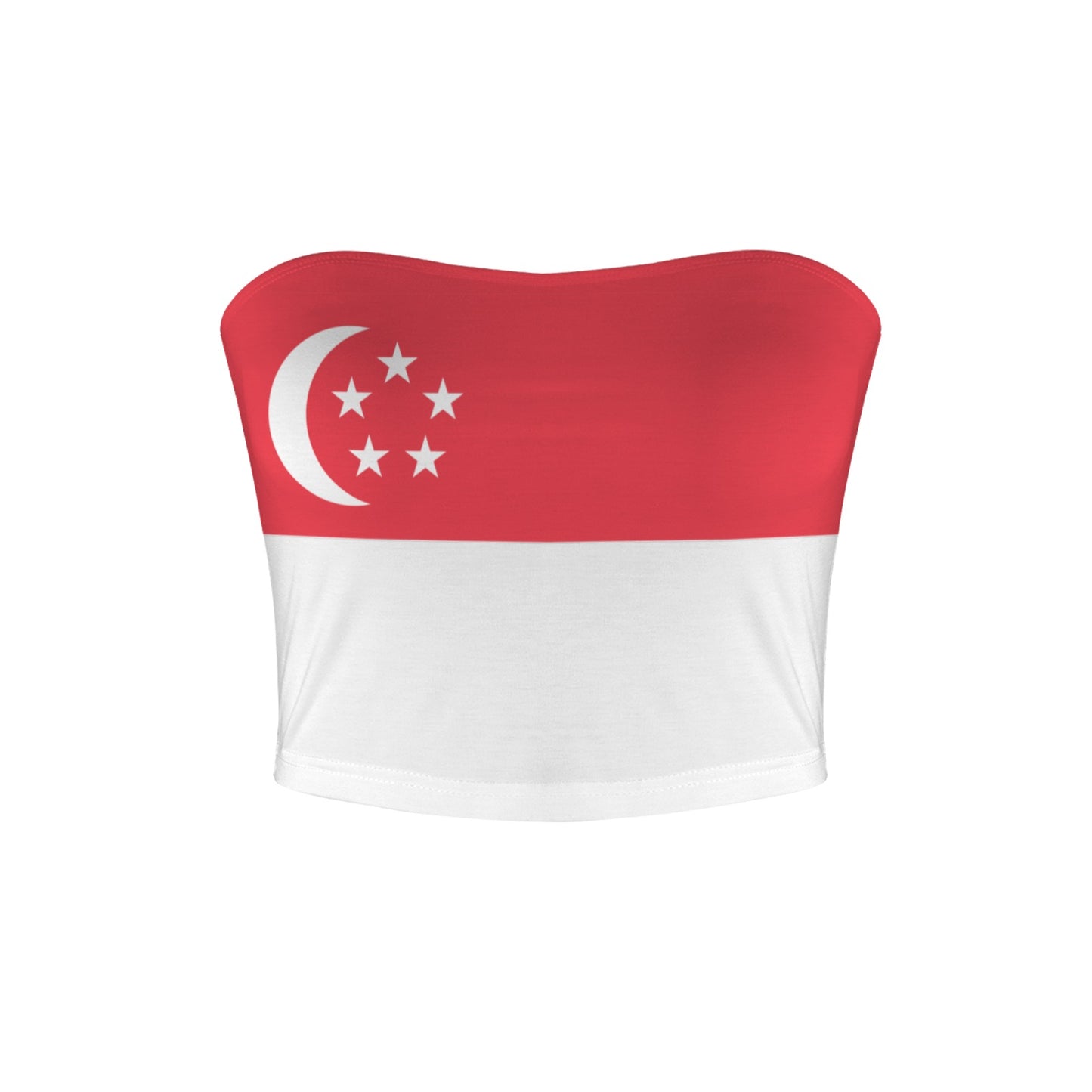 [Brand] tube top featuring Singapore flag design, crescent, stars.