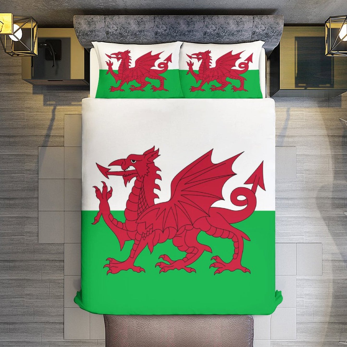 Wales Flag Inspired 3-Piece Bedding Set (1 Duvet Cover + 2 Pillow Shams) – 102"×90"