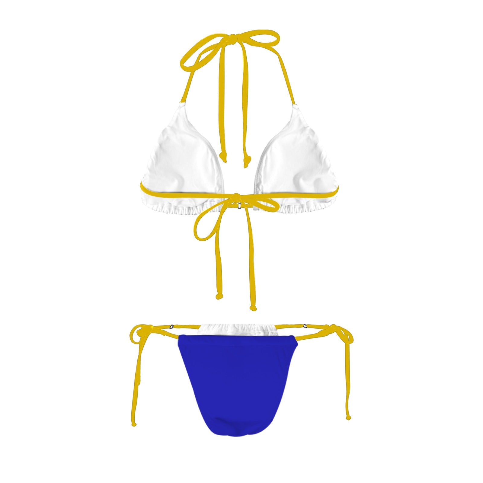 [Luv My Flag] bikini set: white top, blue bottom, yellow ties.