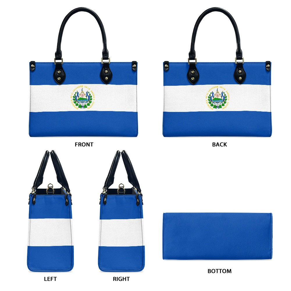 [Brand] handbag with El Salvador flag design, five views.