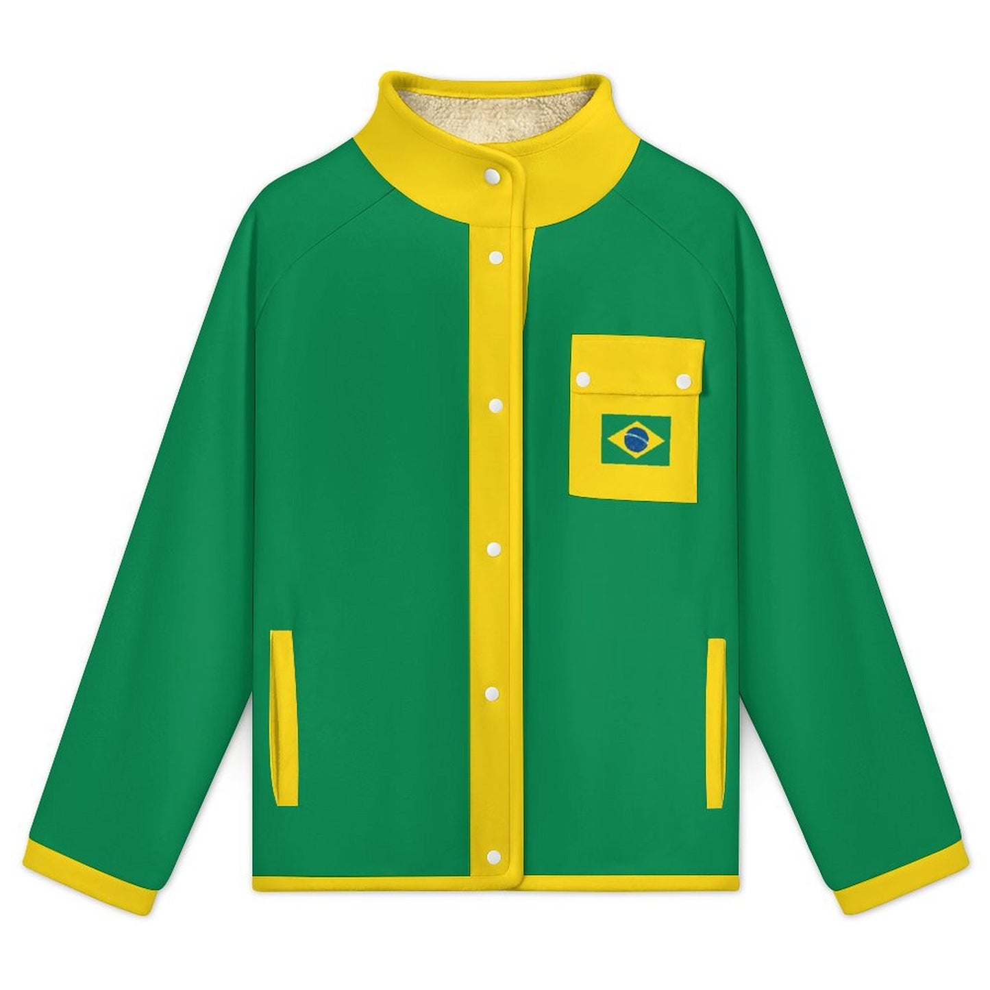 Brazil Flag Inspired Women's Stand Collar Fleece Jacket