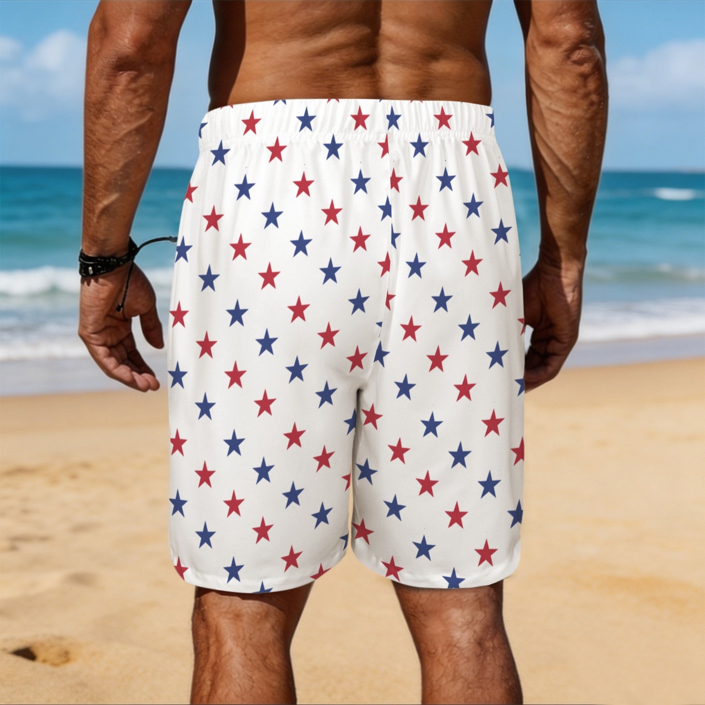 USA/American Flag Inspired Red and Blue Stars Pattern Men’s Draw String Pocket Beach Shorts Printed in the USA