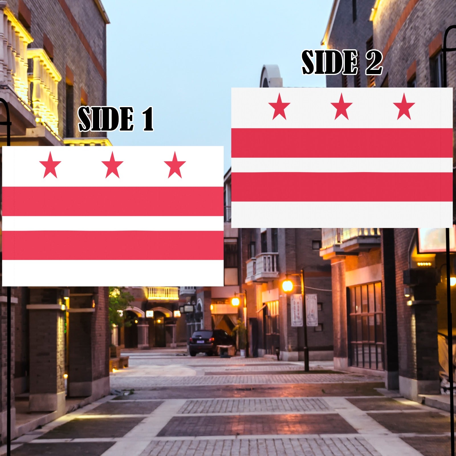 Two-sided flag by Luv My Flag displayed in street.