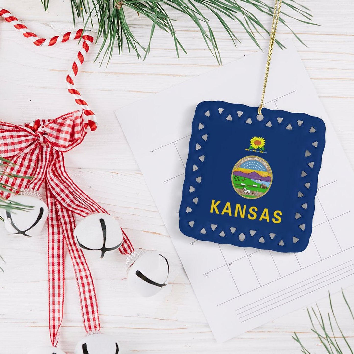 Kansas Flag Inspired Square Ceramic Ornament Made in the USA