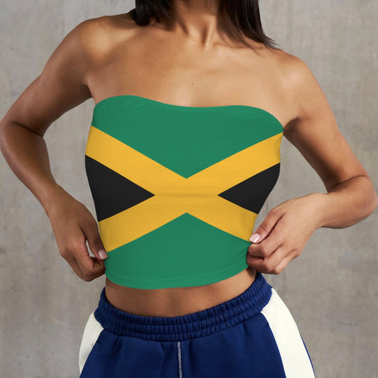 Woman wearing [Brand] Jamaica flag tube top, blue pants.
