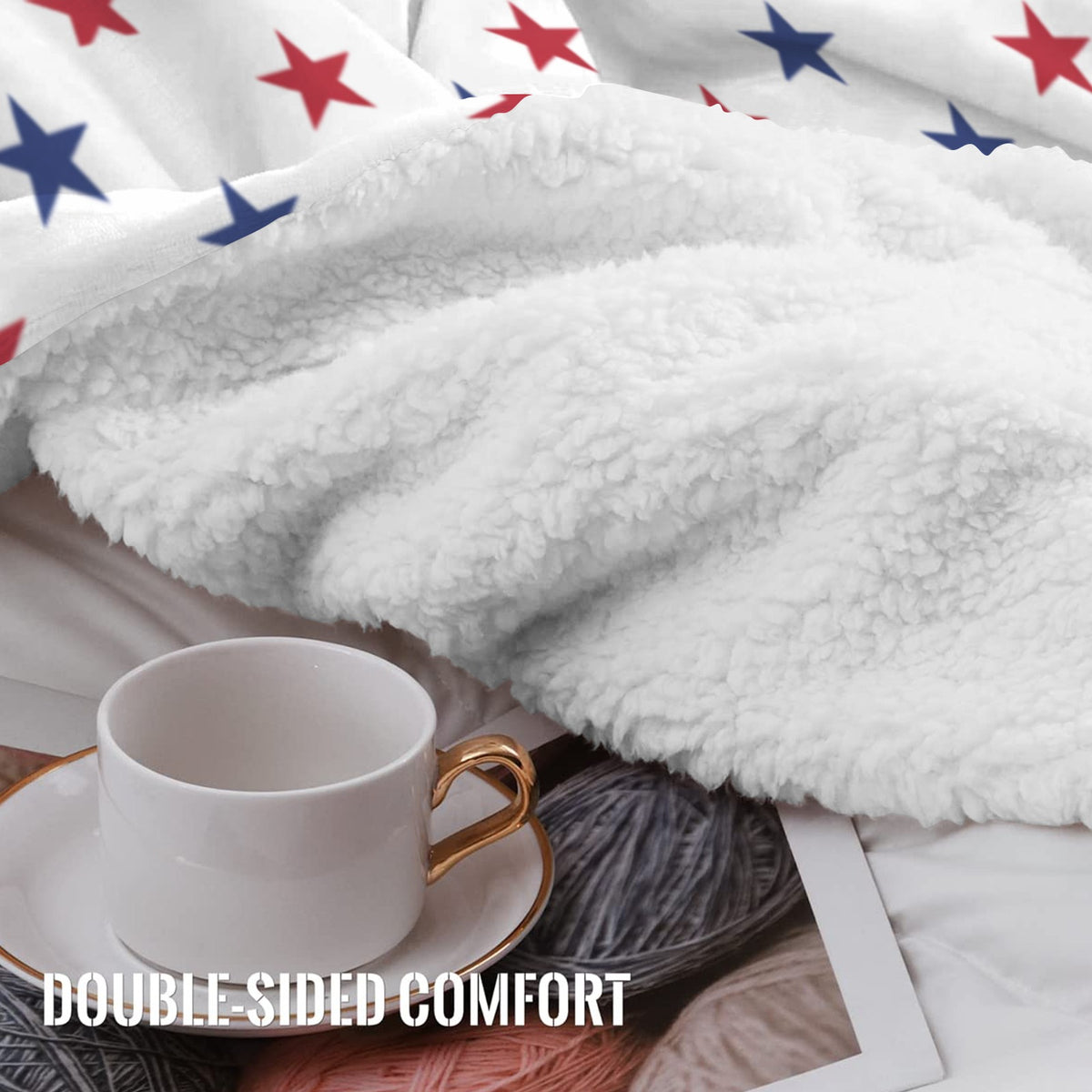 USA/American Flag Inspired Red & Blue Stars Pattern Sherpa Fleece Blanket 90" x 108" | Prtinted in the USA