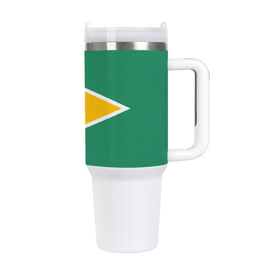 [Brand] travel mug with green, yellow, white triangle design.