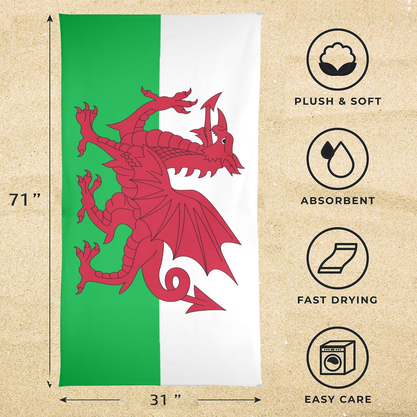 Wales Flag Beach Towel 31"x71" (Made in USA)
