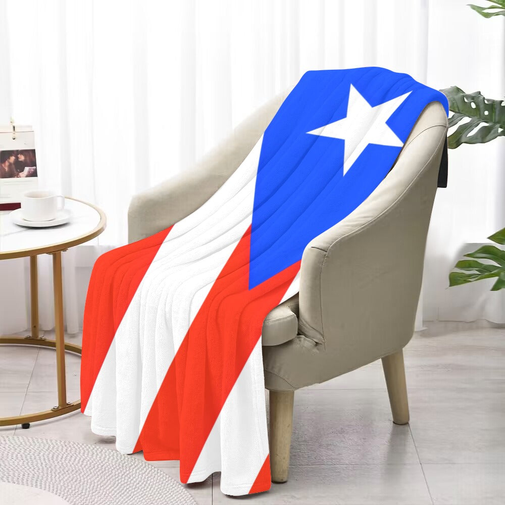 Puerto Rican flag design blanket draped over beige chair. Luv My Flag.