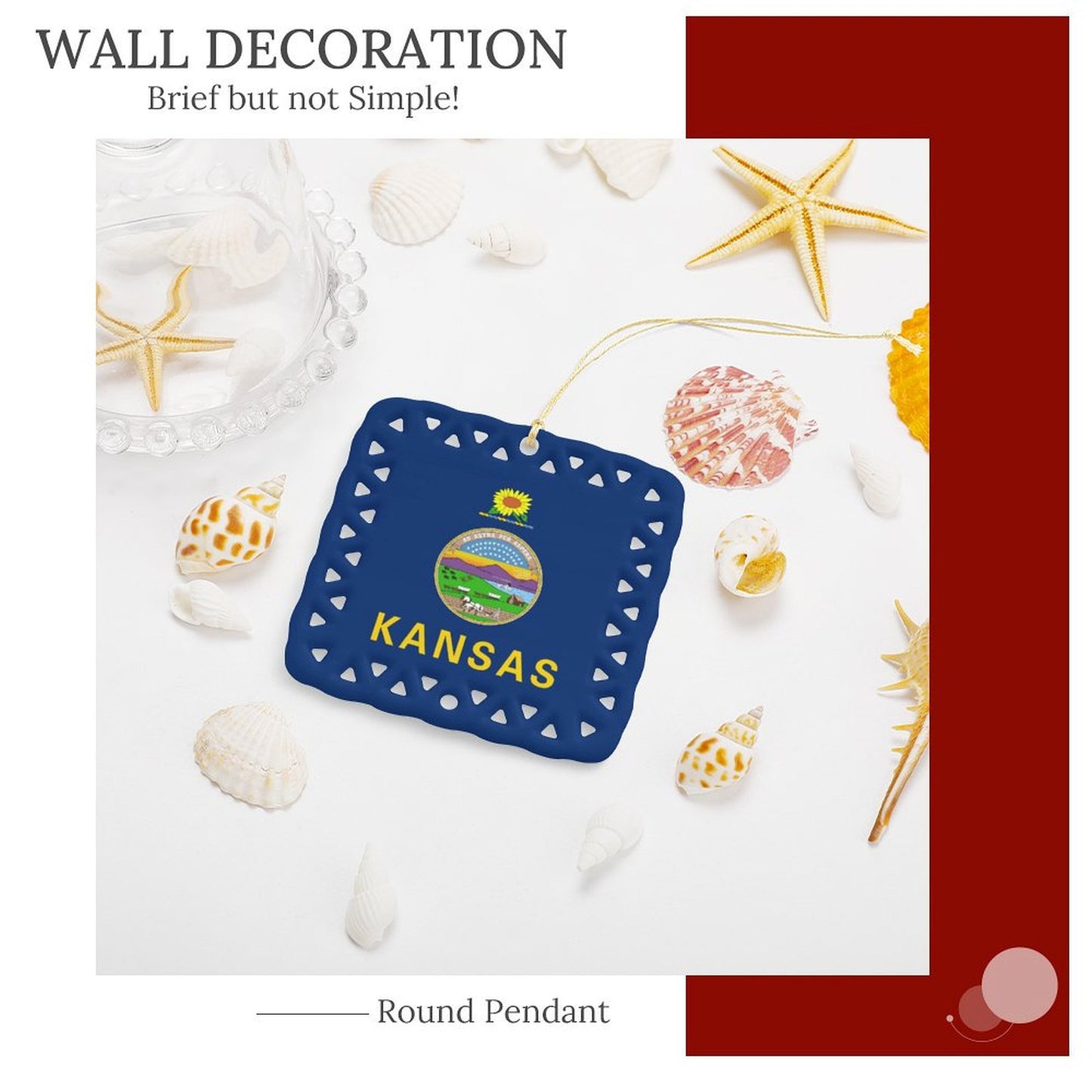 Kansas Flag Inspired Square Ceramic Ornament Made in the USA