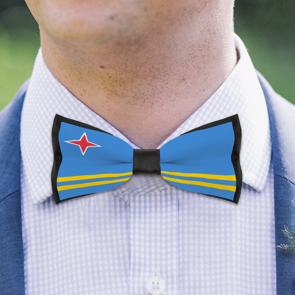 Man wearing [Brand] Aruba flag bow tie, formal attire.