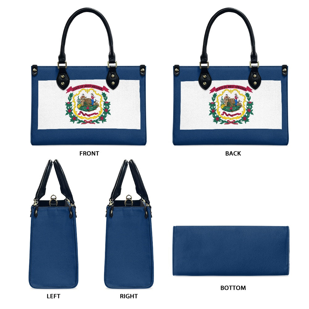 [Brand] handbag featuring West Virginia flag, multiple views.