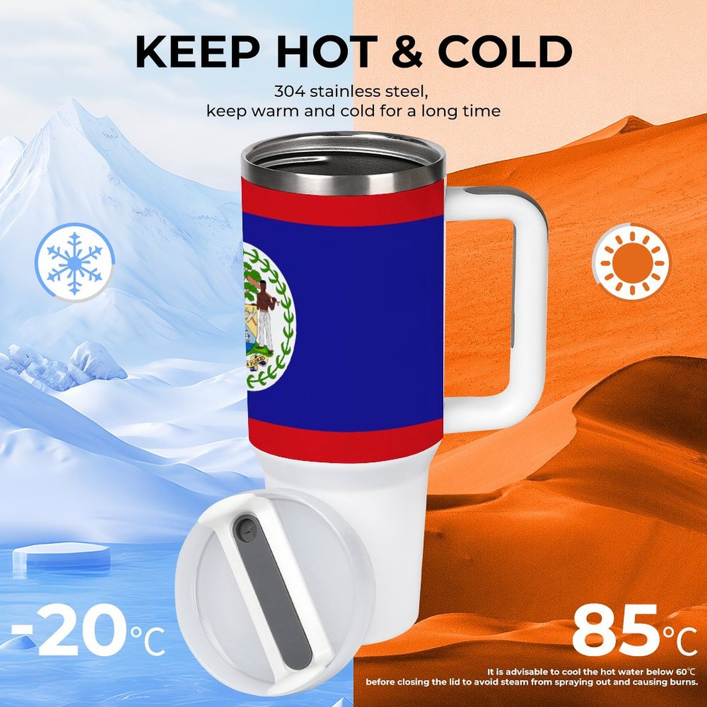 [Brand] insulated mug with Belize flag, keeps beverages hot/cold.