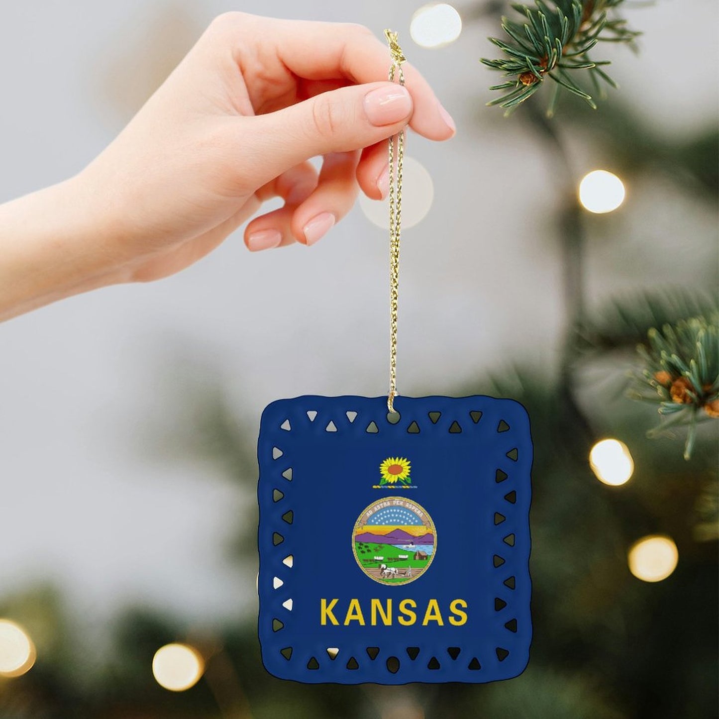 Kansas Flag Inspired Square Ceramic Ornament Made in the USA