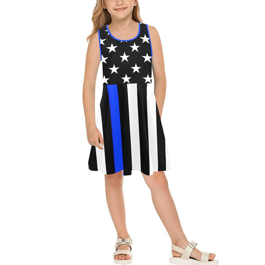 Thin Blue Line Flag Inspired Girls' Sleeveless Sundress | Ships from USA