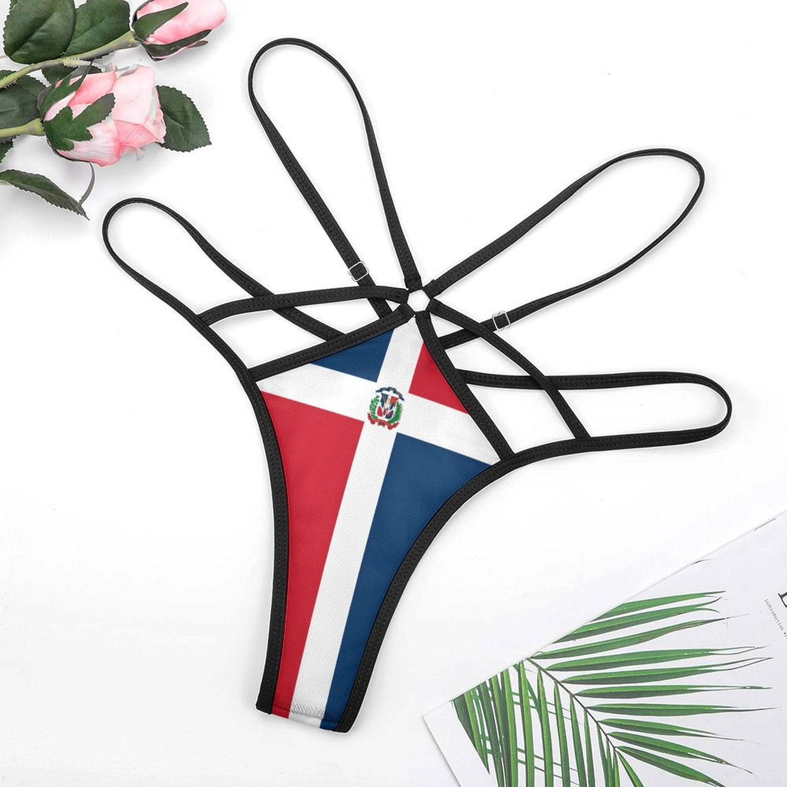 [Brand] Dominican flag bikini with black straps and flowers.