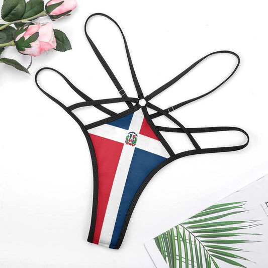 [Brand] Dominican flag bikini with black straps and flowers.