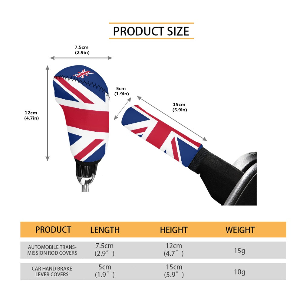 [Brand] Union Jack gear and handbrake covers with dimensions.