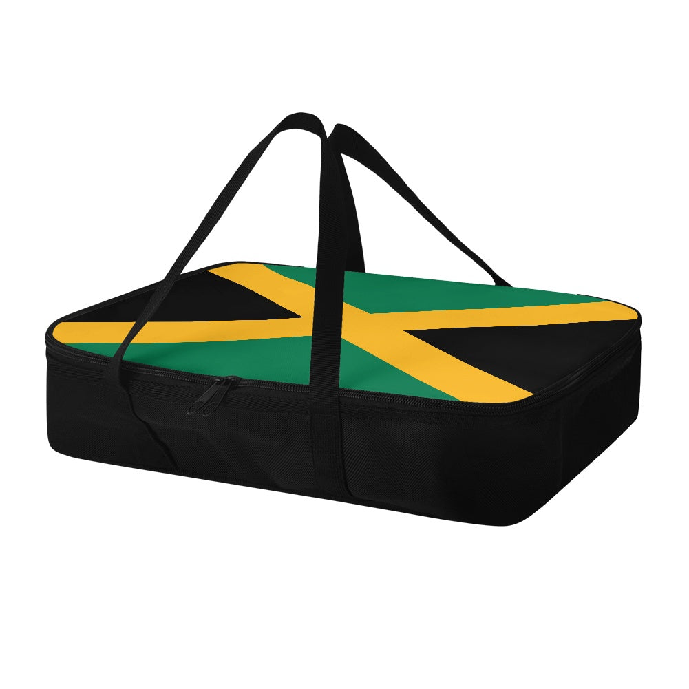 [Brand] bag featuring Jamaican flag design, black handles, zipper.