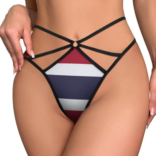 [Brand] lingerie, multicolored striped design, black strappy thong style.