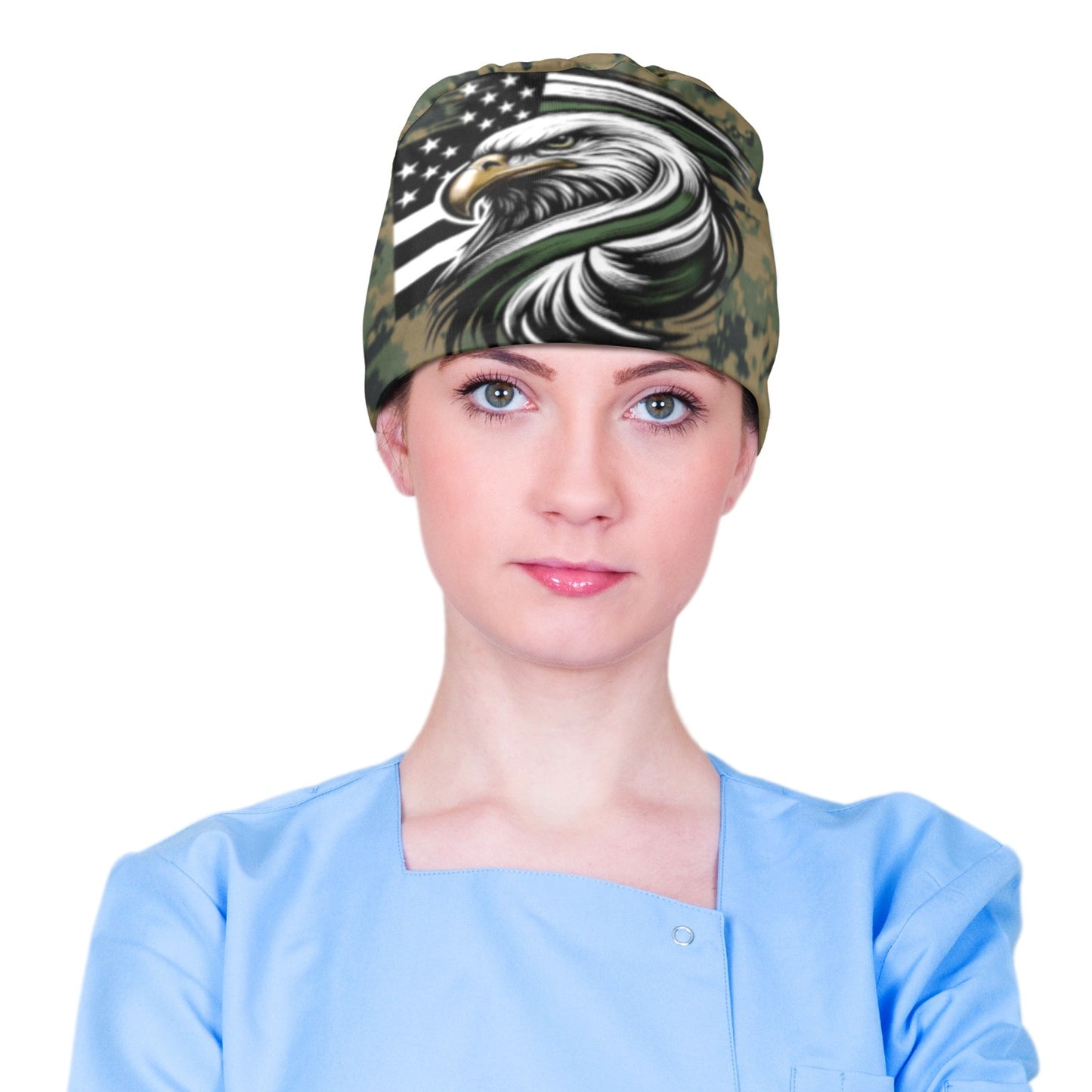 Thin Green Line Flag Inspired Eagle on Digital Camo Scrub Cap | Ships from USA