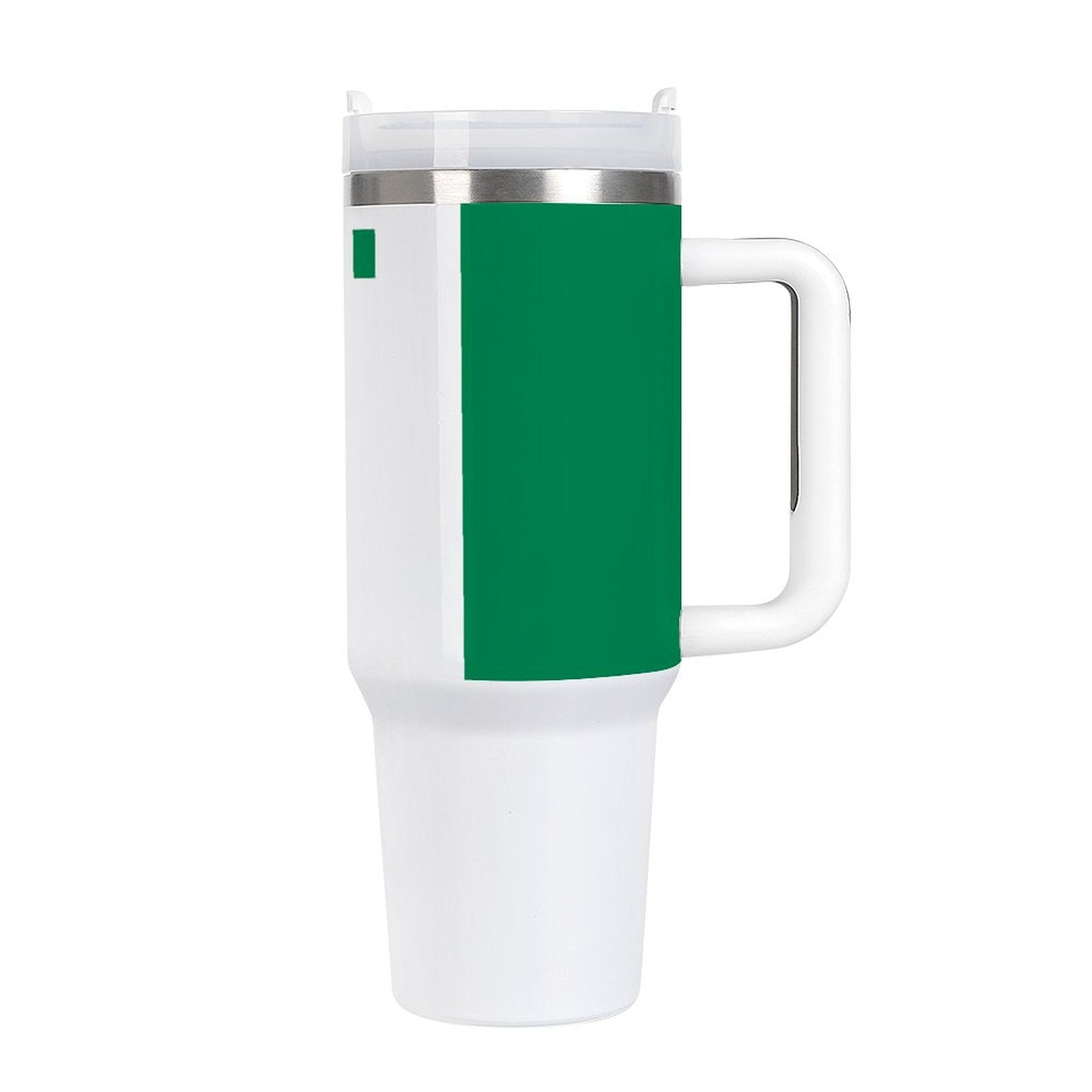 [Brand] green and white travel mug with transparent lid.