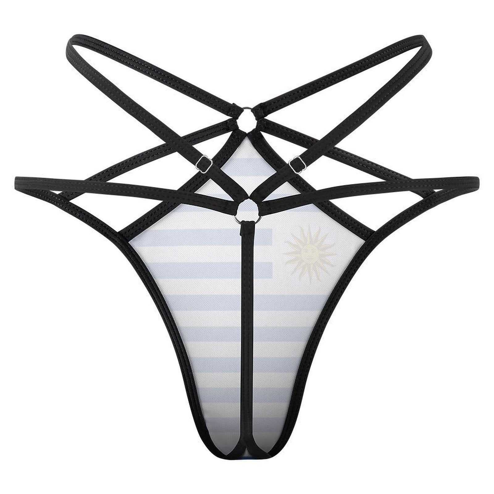 Black strappy thong with stripes, sun motif. [Brand] lingerie.