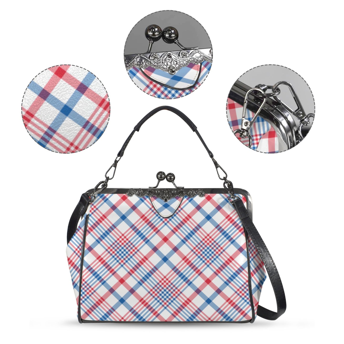 USA/American Flag Inspired Plaid Pattern Kisslock Crossbody Shoulder Bag