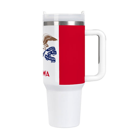 [Brand] travel mug featuring Iowa flag and eagle design.