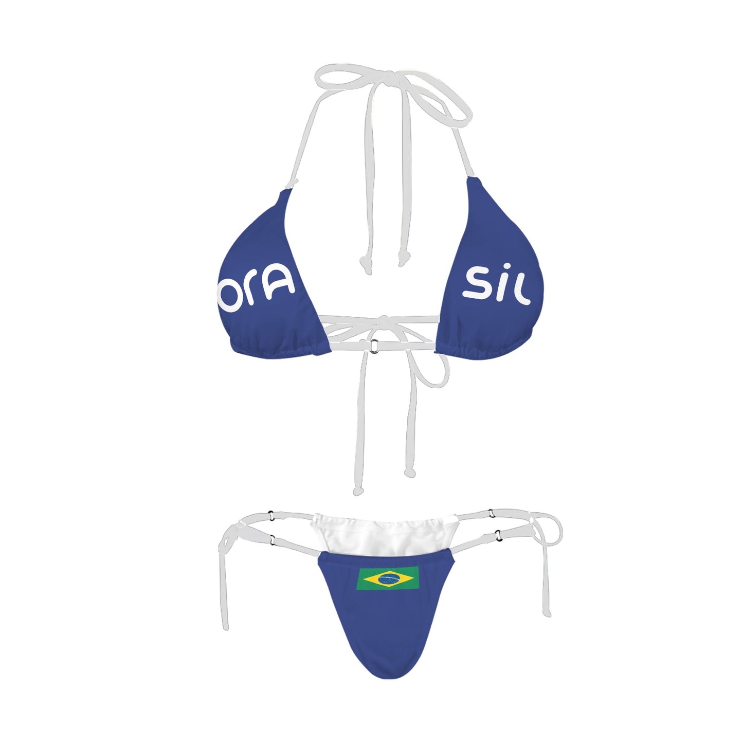 Blue bikini with Brazilian flag and "[Brand]" text, ties visible.