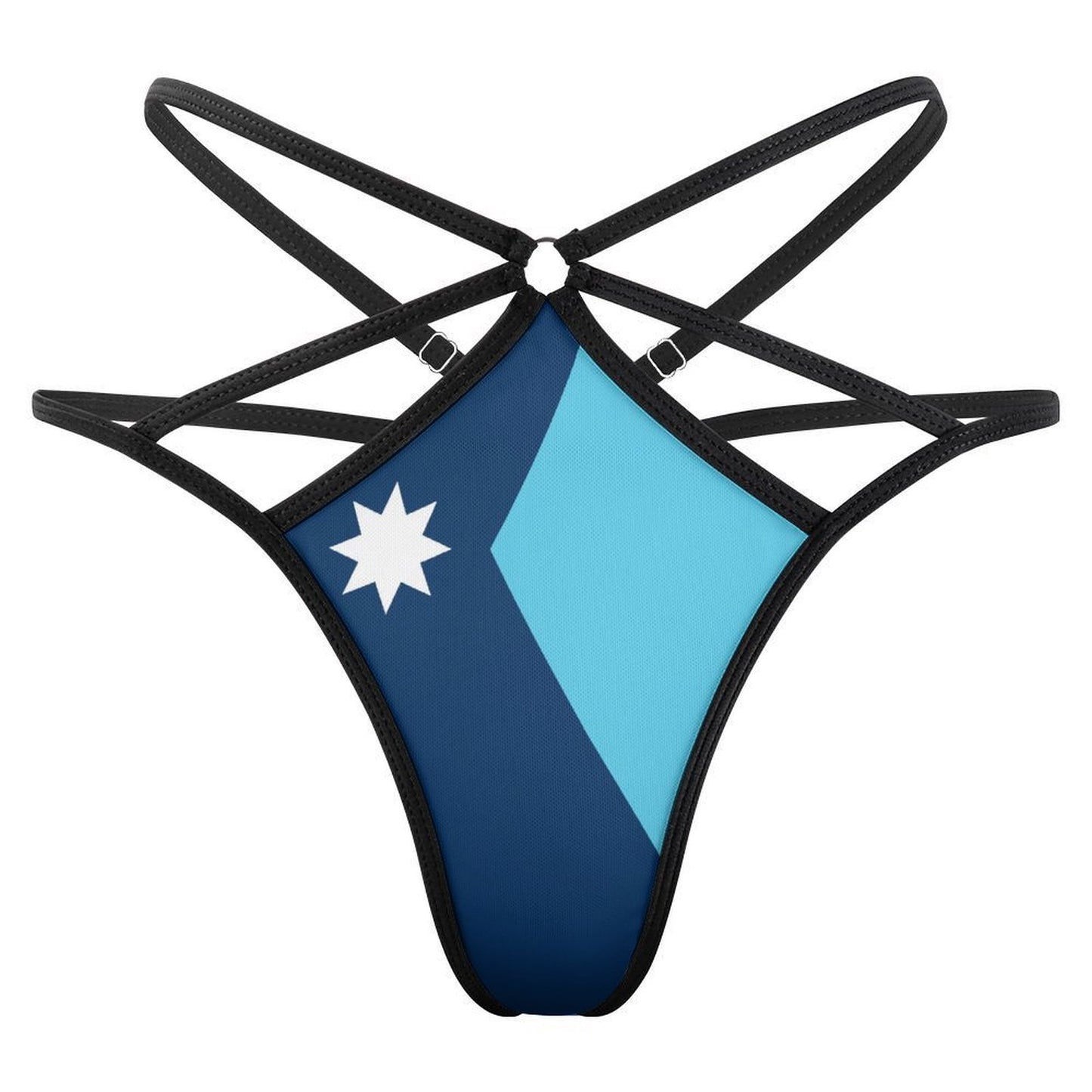 Black strappy thong with blue and white geometric design. [Brand]