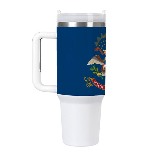 [Brand] travel mug with North Dakota flag design.