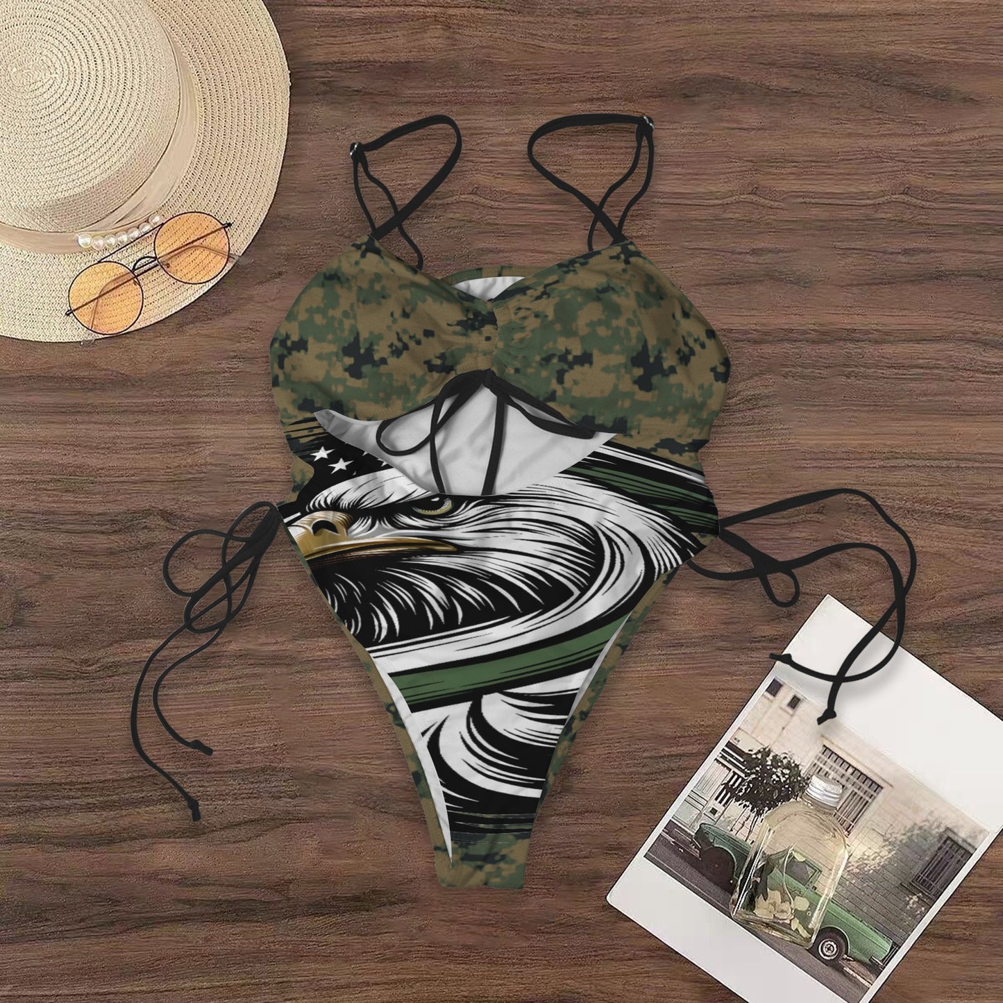 Thin Green Line Flag Inspired Eagle on Digital Camo Women's Drawstring Cutout One Piece Swimsuit