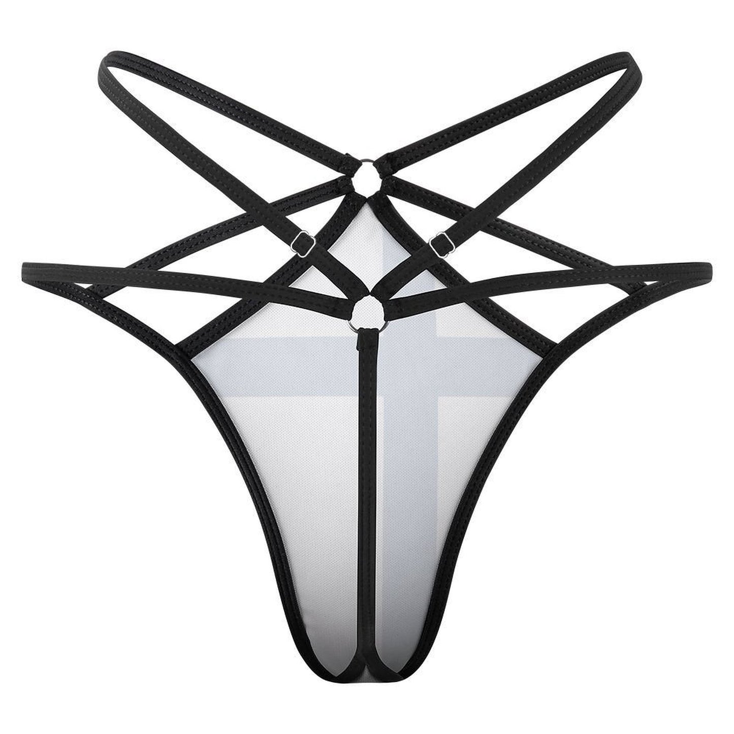Black [Brand] strappy harness thong with geometric design details.