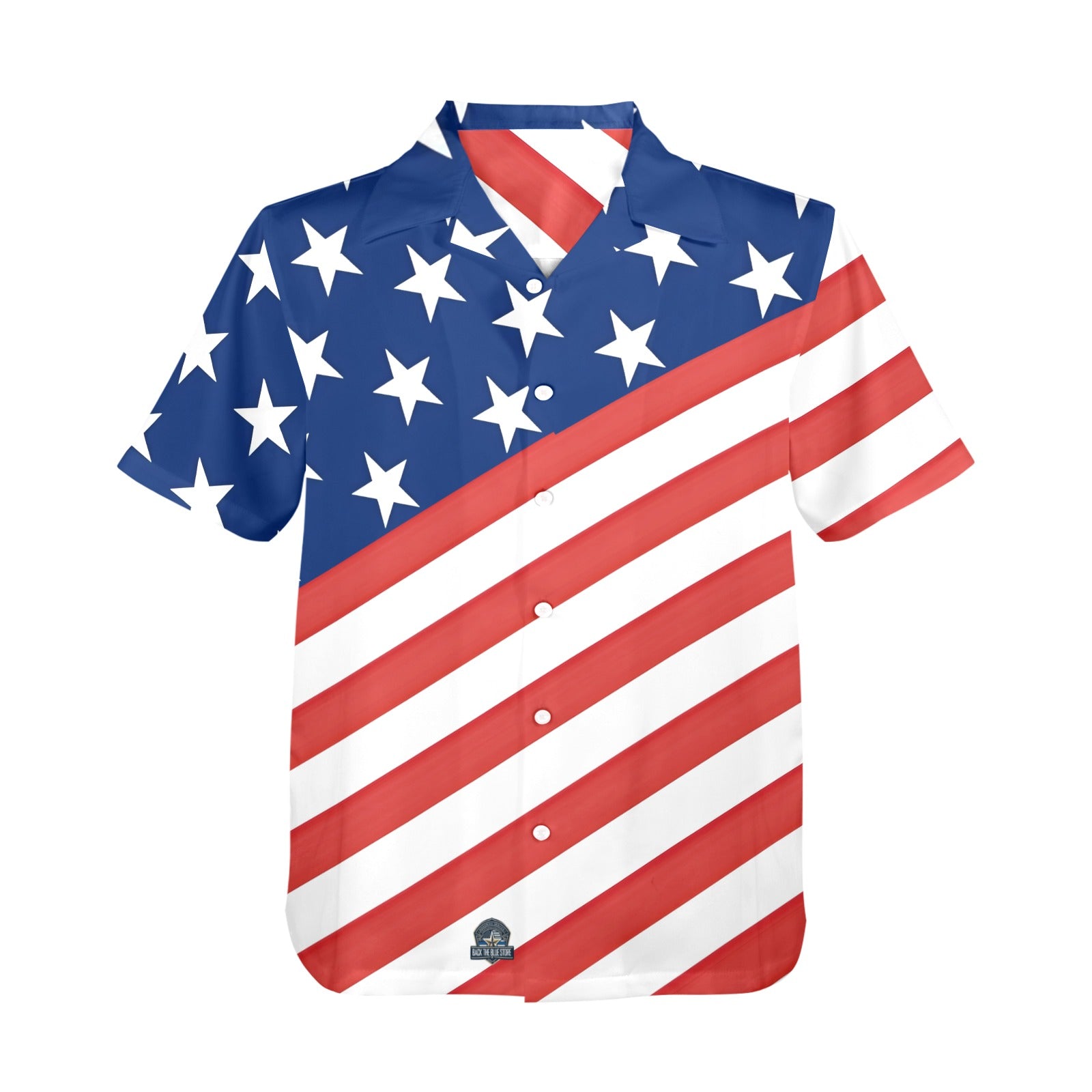 [Brand] American flag shirt with stars and stripes design.