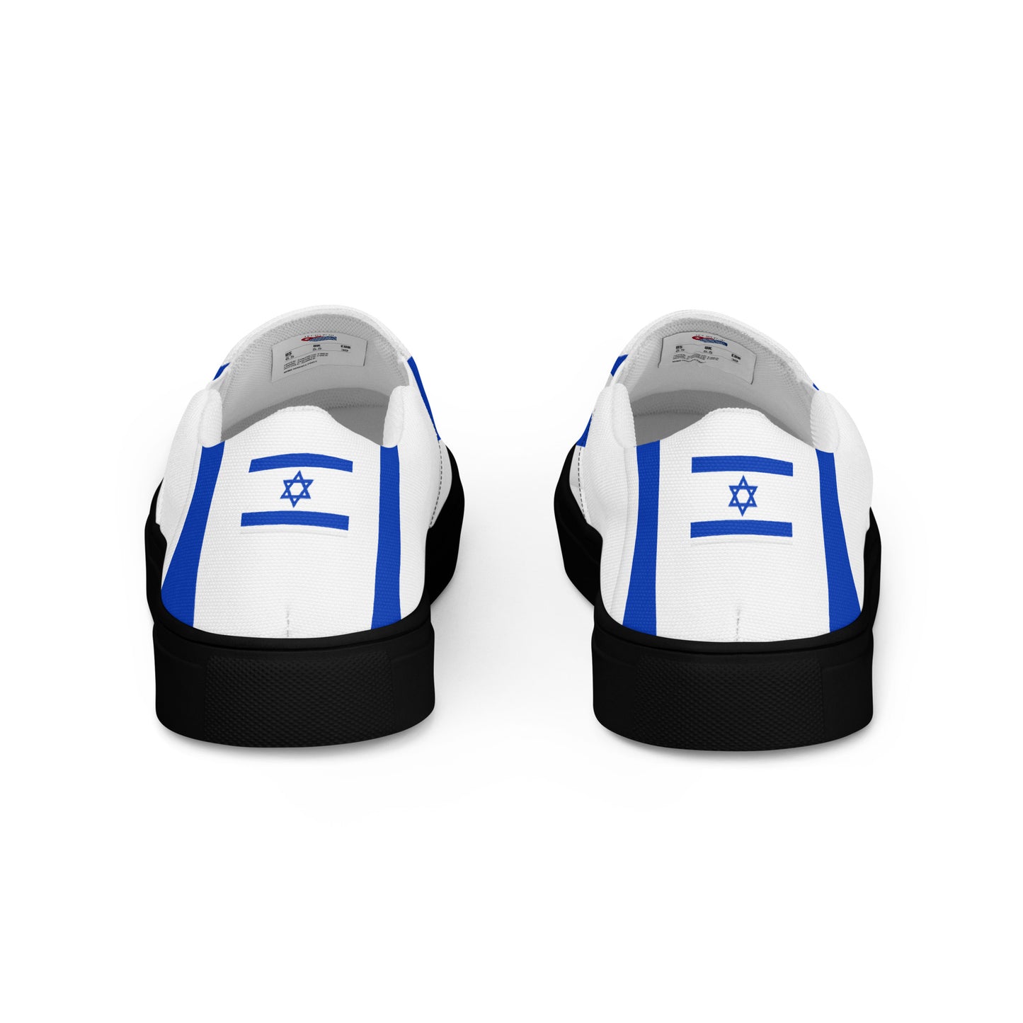 White sneakers featuring Israeli flag design, black soles, [Brand].