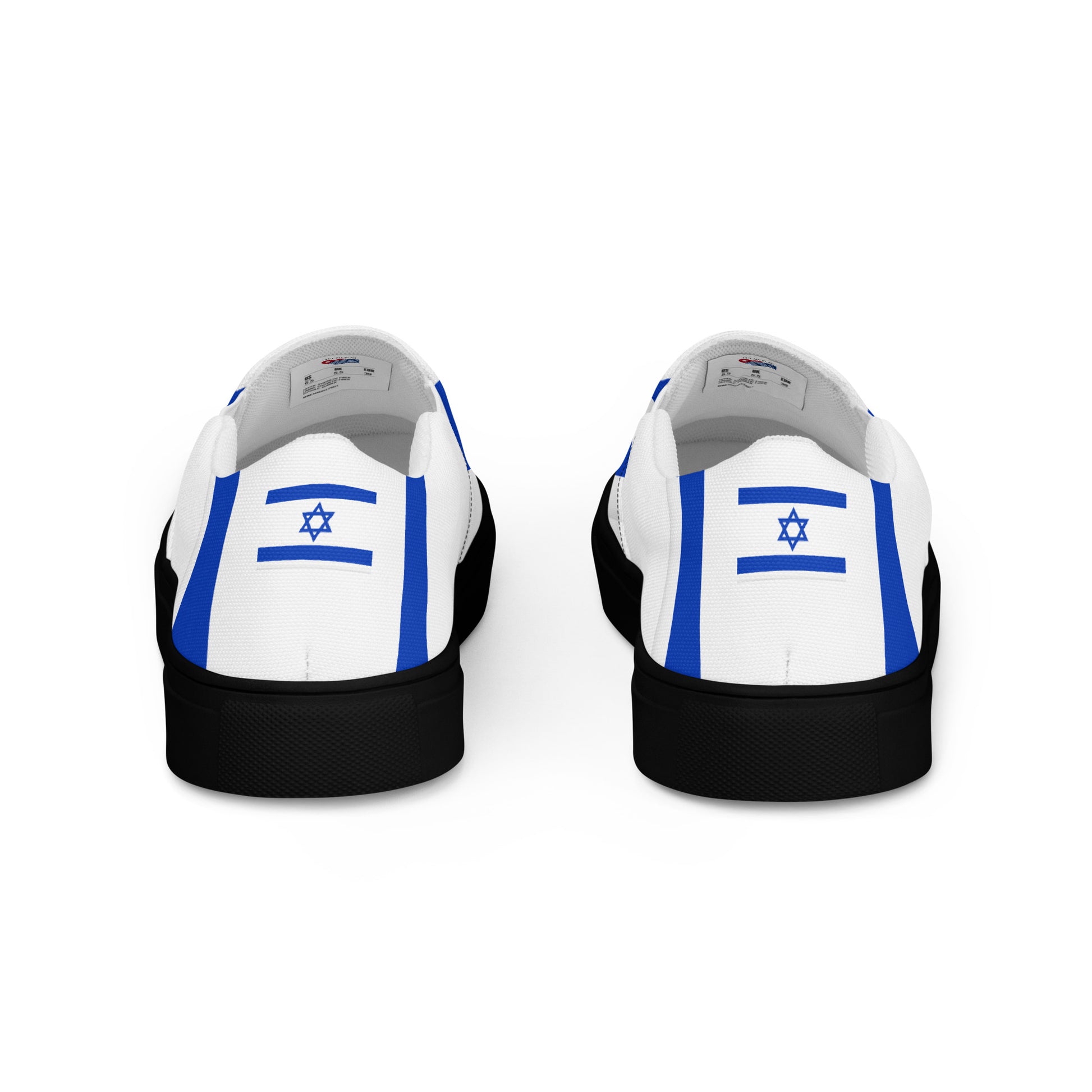 White sneakers featuring Israeli flag design, black soles, [Brand].