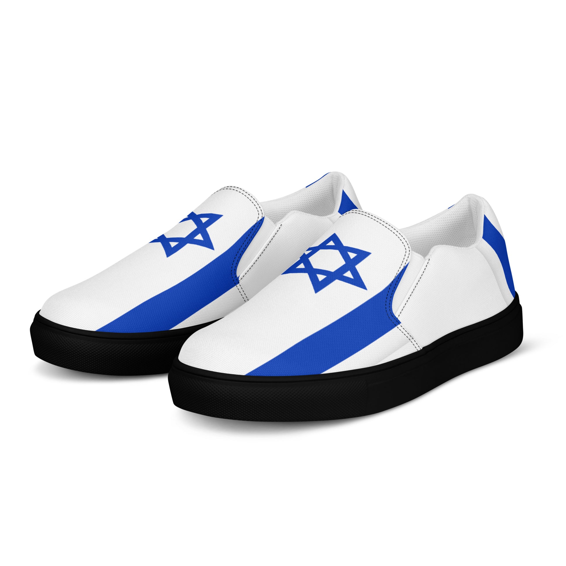 [Brand] slip-on shoes featuring Israeli flag design, black soles.