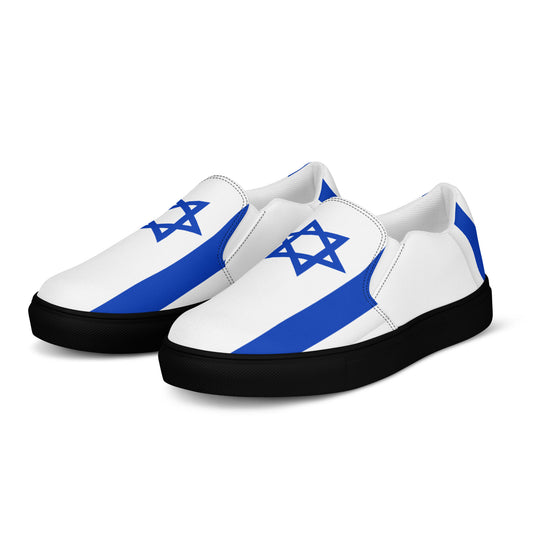 [Brand] slip-on shoes featuring Israeli flag design, black soles.
