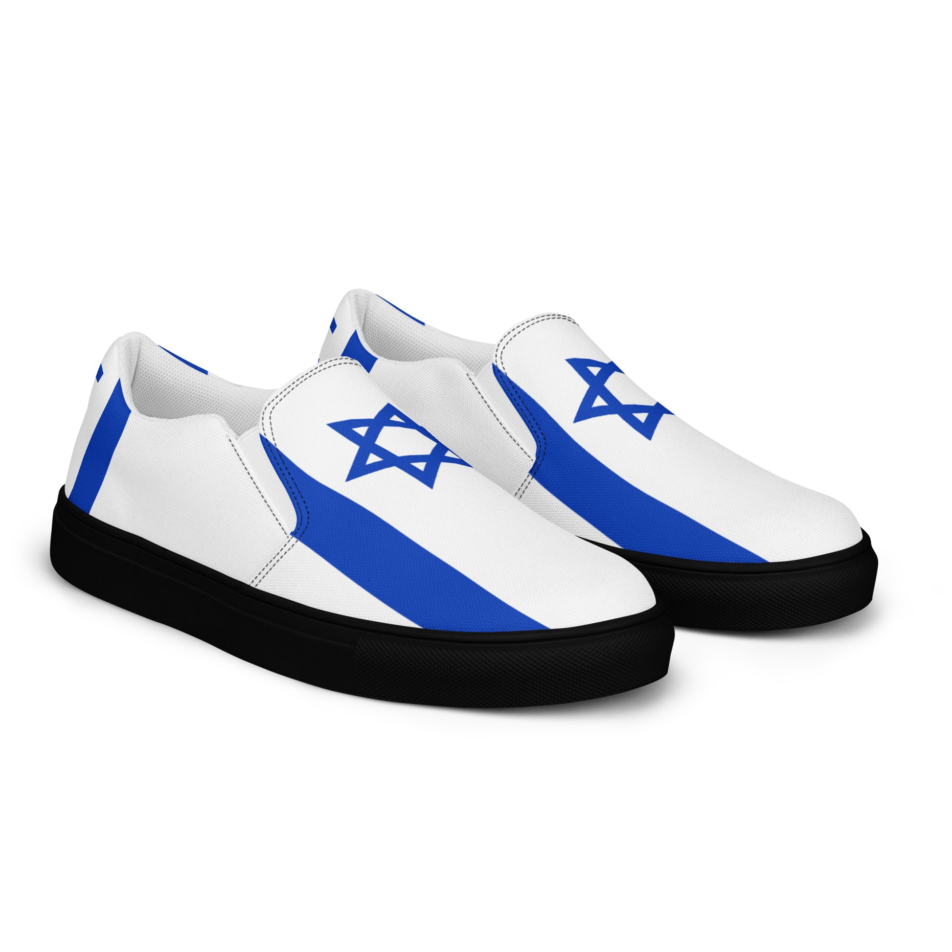 White slip-on shoes featuring blue stripes, Star of David.