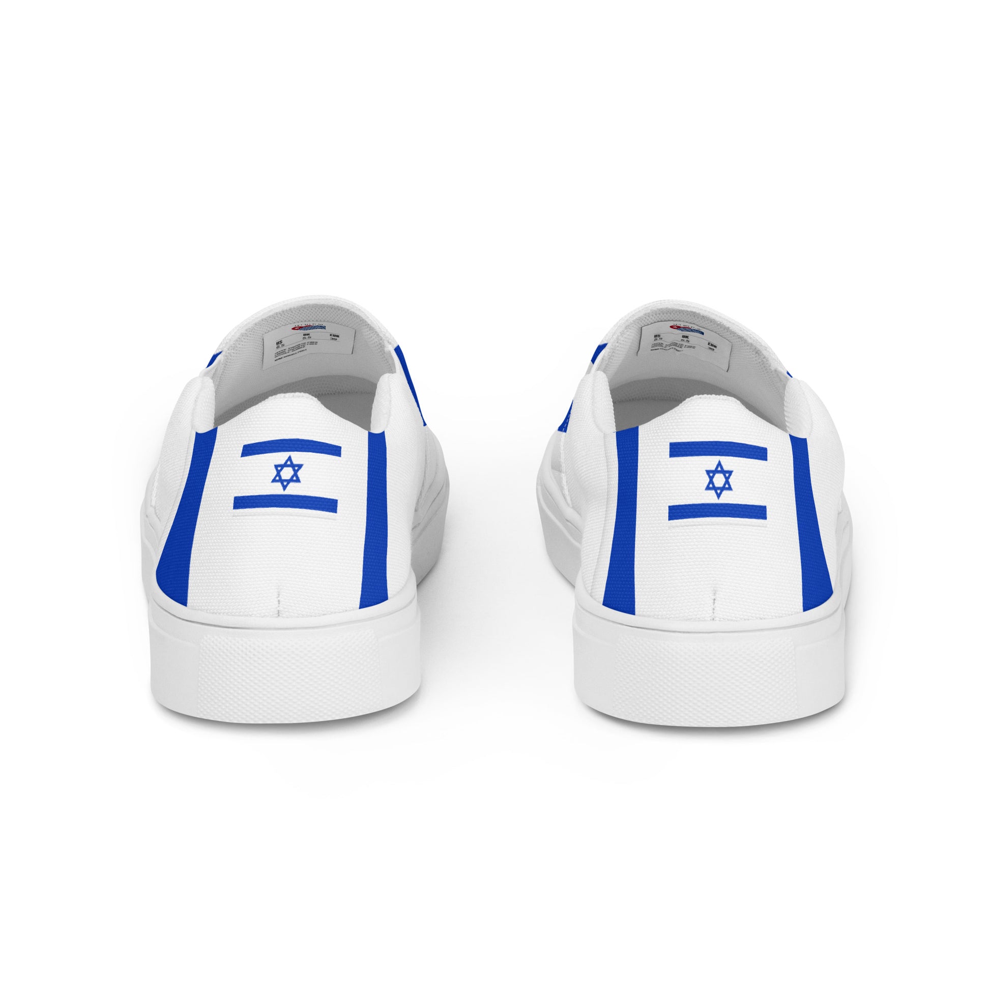 White sneakers featuring blue accents and [Brand] logo design.
