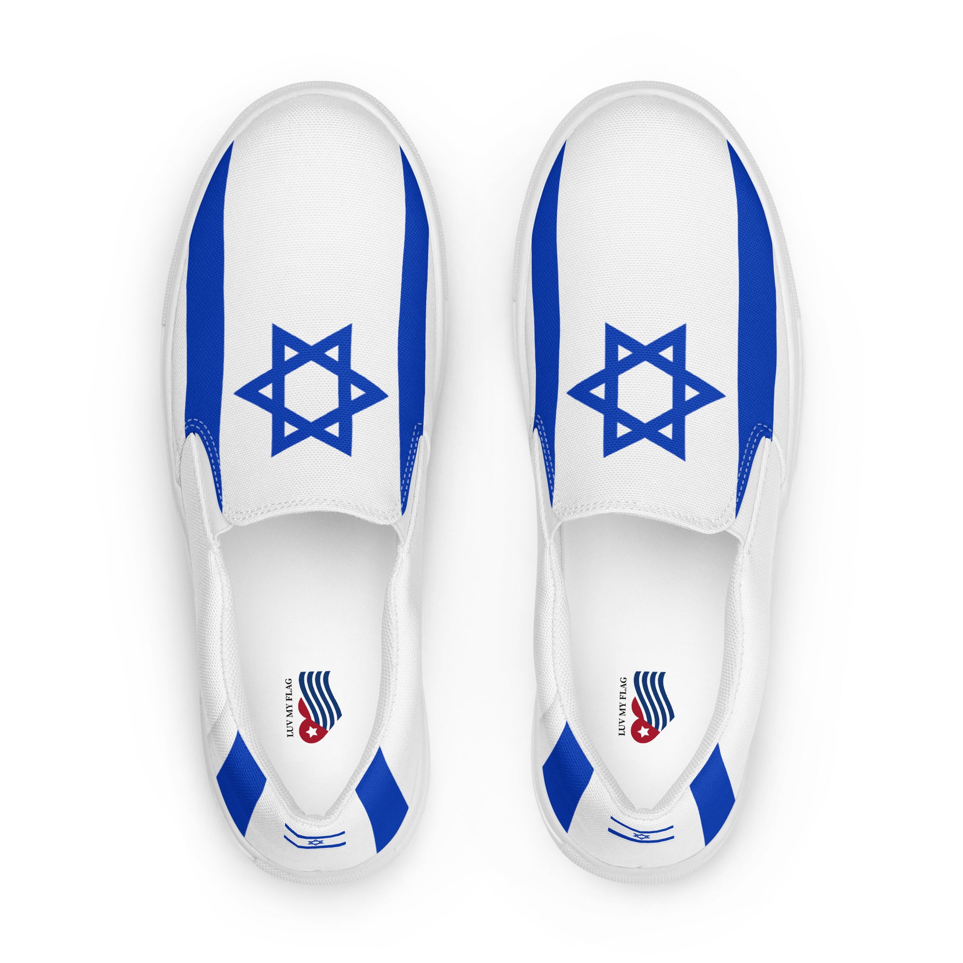 White slip-on sneakers featuring blue Star of David, [Brand].